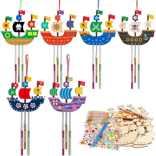 CHUANFU 10 Piezas de Barcos Piratas Campana de Viento para Niños, Piratas Juego de Manualidades de Madera, Manualidades Niños in Legno, para Creativos Arte Pintura Cumpleaños Fiestas Juguetes