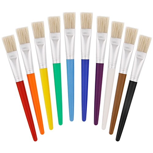 U.S. Art Supply 10-Piece Large Flat Children's Chubby Hog Bristle Tempera Paint Brush Set - Fun Kid's Party, School, Student, Class Craft Painting - Beginners Starter Artist Painting Brush Kit