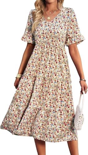 Summer Floral Long Sleeved Casual Bohemian V-Neck Short Sleeved Flowing Beach Long Sun Skirt