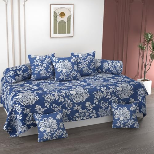 Image of Cotton Diwan Set Covers |8 Pieces Diwan Cover Set|300 TC Fabric| Pure Cotton Printed Deewan Set (1 Single Bedsheet, 2 Bolster Covers, 5 Cushion Covers)|Blue Paisley |SZDS 039