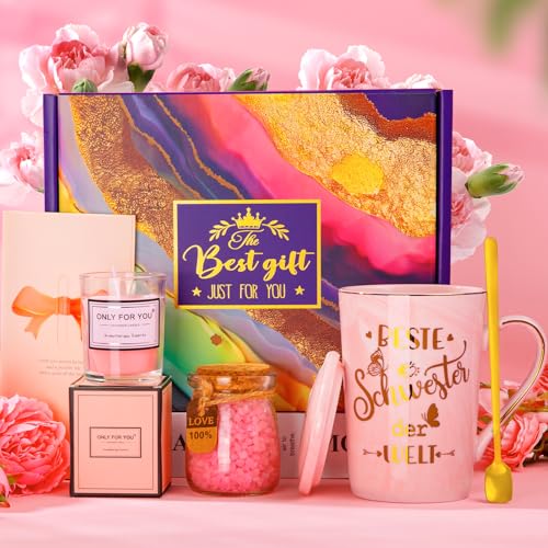 ALBISS Geburtstagsgeschenk für Schwester Geschenk, Lustige Geburtstag Geschenk Set, 400ml Marmor Keramik Kaffeetasse, Duftkerze, Badesalz, Entspannendes Spa-Badeset, Beste Schwester, Geschenkbox