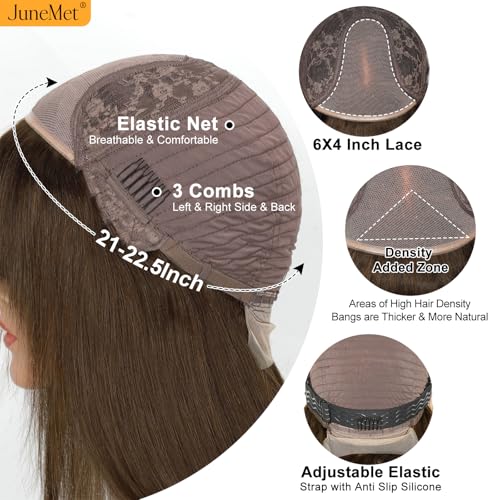 Image of 6x4 Lace Brown Bob Human Hair Wig with Bangs human hair wigs for white women Layered Lace Front Closure Curtain Bangs Wear and Go Glueless 100% Real Human Hair Wigs for White Women 16 Inch
