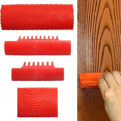 Outil à effet bois pour décoration murale DIY, outil de peinture en caoutchouc pour la décoration murale, rouleau à texture, lot de 4, rouge