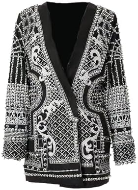 Elegant Pearl Beaded Blazer Dress for Women Deep V Neck Loose Fit Long Sleeve Female Fashion Jacket Wedding Prom Party