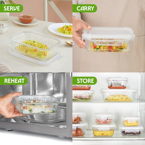Image of Borosil 640 ml Fluted Klip N Store Rectangle Food Storage Container with Air Tight Glass Lid | Borosilicate Glass Container for Lunchbox | Microwave & Dishwasher Safe | Transparent