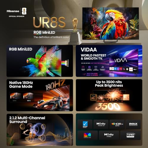 Image of Hisense 75 Inch 75UR8S | RGB MiniLED | Hi-View AI Engine RGB | Native 180Hz Game Mode | Up to 3500 nits Peak Brightness | IMAX Enhanced | 2.1.2 Multi-Channel Surround | AI RGB Light Sensor