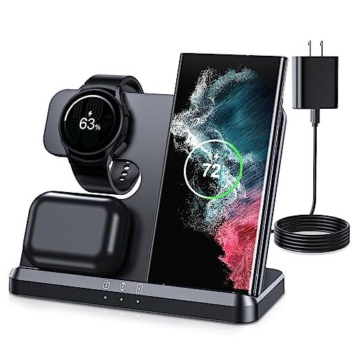 Estação de carregamento sem fio para Samsung, 3 em 1 Qi-Certificado Dock carregador rápido para Galaxy Watch 4/3/Active 2/1/LTE, Galaxy S22/S22 Ultra/S21/S20/Note 20/10/Z Flip 3 Fold,