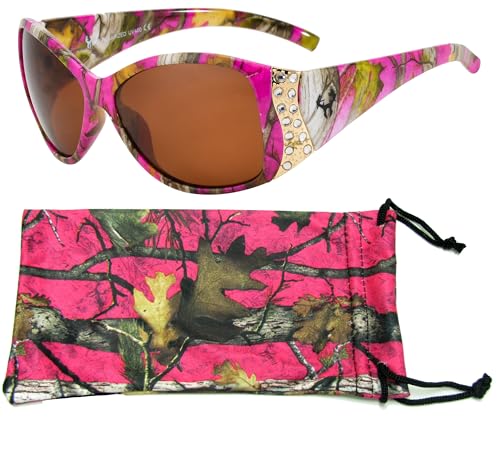 Hornz Hot Pink camuflaje gafas de sol polarizadas para las mujeres del Rhinestone acentos y que coinciden con bolsa de microfibra – Hot Marco rosado de Camo - ámbar lente