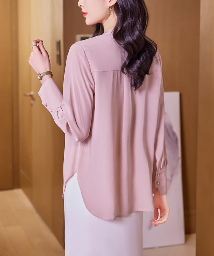 DISSA Blusa de seda para mujer, cuello alto, blusa de manga larga, camisa de seda, camiseta monocolor, S9611