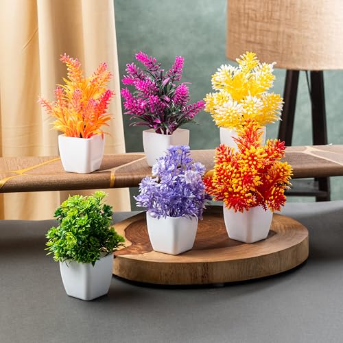 Image of JH Gallery Artificial Flower with Pot - Small Potted Faux Plants for Home Decor and Office Decor - Realistic Floral Decor, Perfect Home Decoration Items for Every Occasion. (Pack of 6)