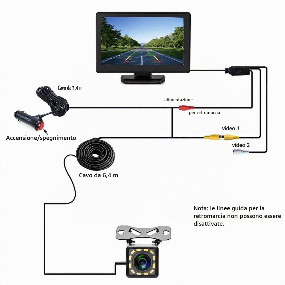 Rimoody Telecamera Posteriore per Auto Telecamera Retromarcia con Monitor LCD da 4,3",12 V-24 V Assistenza al Parcheggio, Visione Notturna, Impermeabile, Telecamera per Auto/Bus/Camion/Camper/Furgone