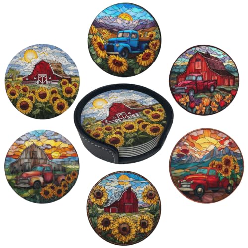 sunwarshile Country Sunflower Coasters for Drinks with Holder Round Leather Coasters Set of 6 Cups Mugs Mat Pad for Home Kitchen Bar