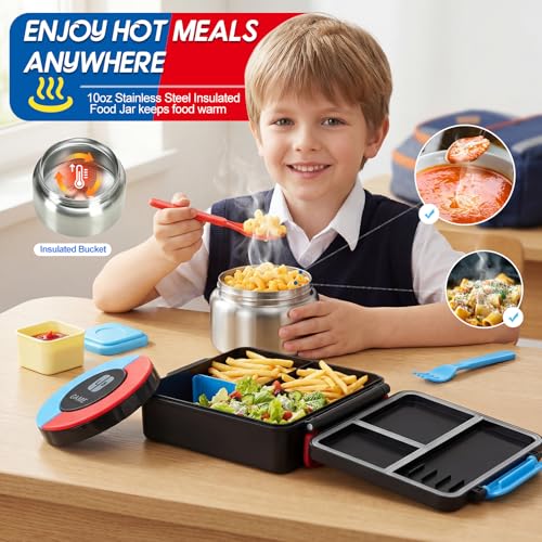 Image of Bento Lunch Box for boys,60 OZ Insulated Bento Lunch Box with 8OZ Leakproof Insulated Food Jar, 3-4 Compartments Bento Box for School, BPA-Free Dishwasher Safe
