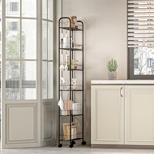 HAUSPROFI Küchenregal Schmal, 6 Etagen Regal mit Rollen, 4 Abschließbaren...