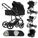 3 in 1 Kinderwagen,Drehbarer Buggy,Dreiecksrahmen,Doppelfederung,1 Klick Faltmechanismus für Neugeborene und Kleinkinder(Schwarz)