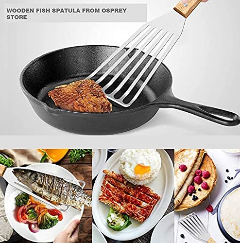 Image of Fish Spatula Turner, Smooth Solid Wood Handle Fish Turner, Stainless Steel Slotted Spatula (Pack of 2)