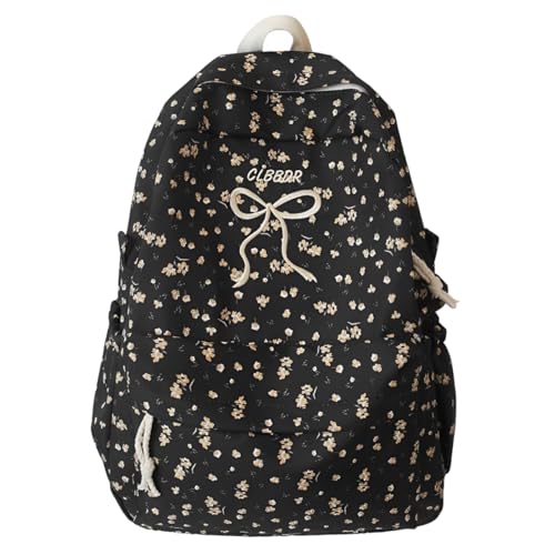 Classic Floral Printed Cute Bow Tie Embroider Backpack 16.1 Inch Kawaii Casual Simple Lightweight Travel Bag