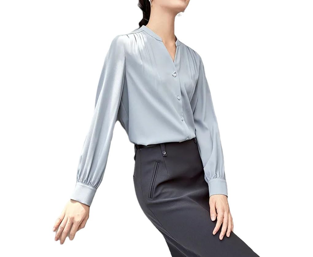 Blusa de manga larga con cuello en V y botones para mujer, con hombros plegados, para oficina