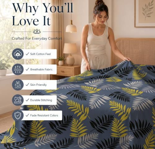 Image of HOMEKART Glace Cotton 160 TC Leaf Printed Double Bedsheet with 2 King Size Pillow Covers | Soft & Durable | 86 x 88Inches (Grey & Yellow)