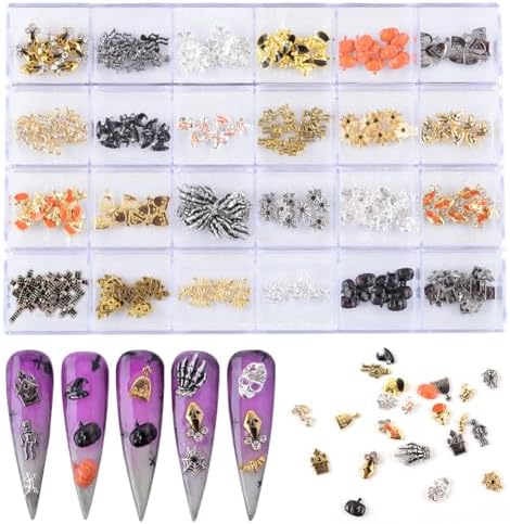 BAIYIYI Halloween Nail Charms - 24 Styles/Box Metallic Nail Studs & Rhinestones 