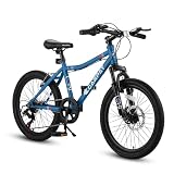 PyroRyd 20 Inch Kids Mountain Bike for Boys Ages 8-12, 7-Speed Drivetrain with Front Suspension, Dual Brake System High Carbon Steel Frame Bicycle for Off-Road and City Riding (Blue-A)
