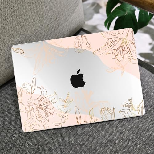 Image of MEEgoodo Case for M5 /M4 /M3 /M2 MacBook Air 13 inch 2026 2025 2024 2022, Fit Model A3449 /A3240 /A3113 /A2681, Case Compatible with MacBook Air 13.6-inch, Gold Flowers Lilies