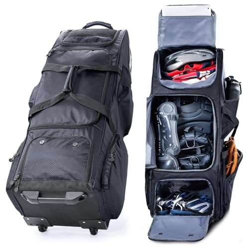 Large Rolling Baseball Catchers Gear Bag with Wheels Softball Bag with Hard Backing for 4 Bats Equipment Bag with Separate Shoe & Helmet Compartments Youth Baseball Bag with 360 Spinner Wheels