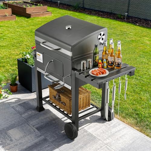 Grau Holzkohlegrill XL, Grillwagen Holzkohle, Groß Kohlegrill, Griller, Smoker Holzkohlegrill mit Deckel, 2PCS Räder, Grillrost und Thermometer, Höhenverstellbar, BBQ Grill für Camping und Garten