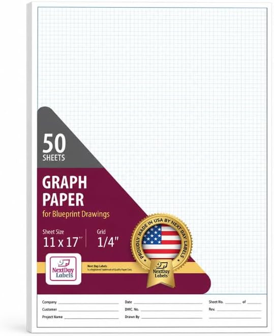 NextDayLabels - 11x17 Graph Paper Pad, for Blueprint Drawings, Drafting, Engineering and Planning, with Header for documentation. Quadrille Grid Paper Pads with Blue Lines, high Brightness, 50 Sheets per pad (1 Pad) | For Blueprint Drawings, Drafting, Engineering and Planning, with Header for documentation, Made IN USA