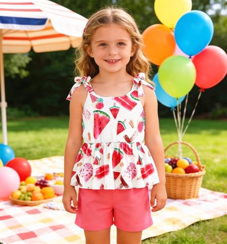 Image of Toddler Girls Clothes Summer Short Set Outfit Tie Knot Shoulder Sleeveless Ruffle Tops and Shorts 2PC Clothing Set