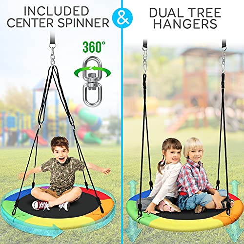 SereneLife Saucer Swing with Tree Hang Kit, 40” Outdoor Tree Swing, 2 Adjustable Hanging Rope Straps and Center Swivel Spinner for Kids (Rainbow) by SereneLife - Image 2