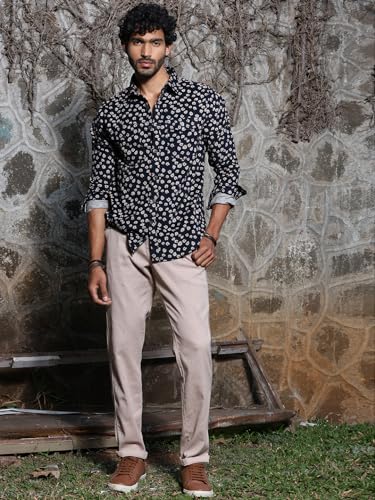 Image of Thomas Scott Men Slim Fit Pure Cotton Corduroy Floral Printed Semi-Formal Shirt