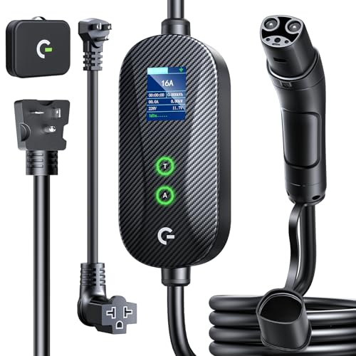 Grasside Level 1&2 Tesla Mobile Charger (16A/12A 240V-110V 16FT Cable) Adjustable Current/Timer Tesla Home Charger NEMA 6-20 & 5-15 Plug NACS Connector for All Tesla Model 3/Y/X/S/Cybertruck