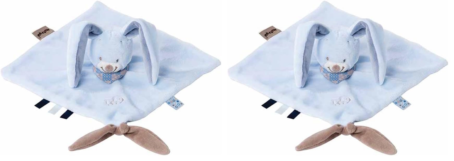 Doudou plat lapin Nattou Alex et Bibou 27x27 cm bleu avec attache
