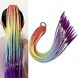 Rainbow Hair Extensions for Kids, Braided Ponytail Extension, Crazy Hair Day Accessories for Girls, Colorful Braids Wigs With Rubber Bands Synthetic Hairpieces