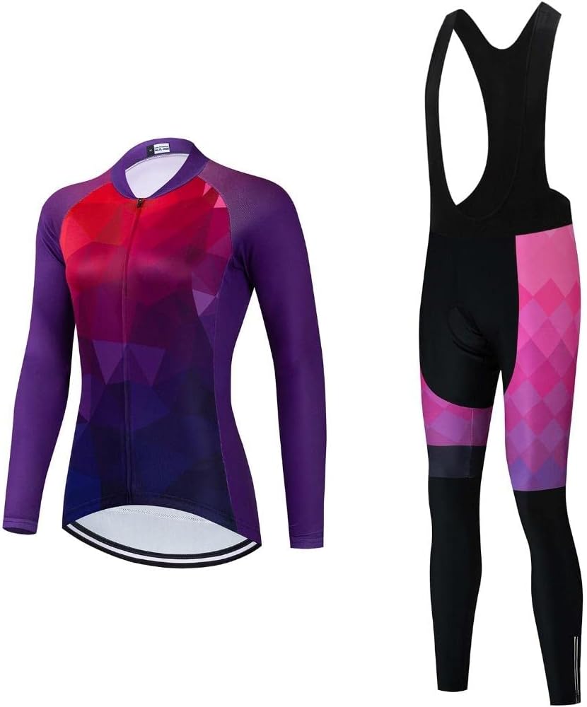 Women Cycling Jersey Set Long Sleeve Bike Shirts Clothing Full Zipper Bicycle Bibs Pant with 20D Padded Cycling Kit