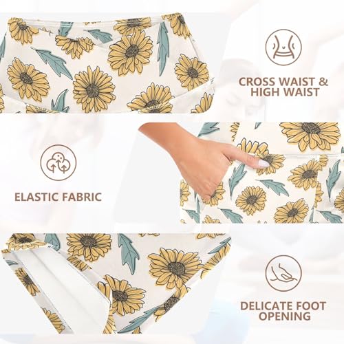 KLL Calça de moletom feminina retrô desenhada à mão com girassol cintura alta para ioga com controle