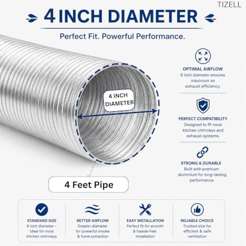 Image of Flexible Chimney Pipe with Cowl For Kitchen | Aluminium Exhaust Pipe | Complete Installation Kit with Cowl Cover, 2m Tape, and 2 Clamp | Fits For Multi Brands (4 Inch-4 Feet Pipe)