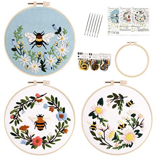 Lukinbox Embroidery Kit For Beginners Adults, 3 Sets Cross Stitch Starter Kits Include 3 Stamped Embroidery Clothes With Floral And Bee Pattern, 1 Embroidery Hoop, Threads, Needles #TOP6