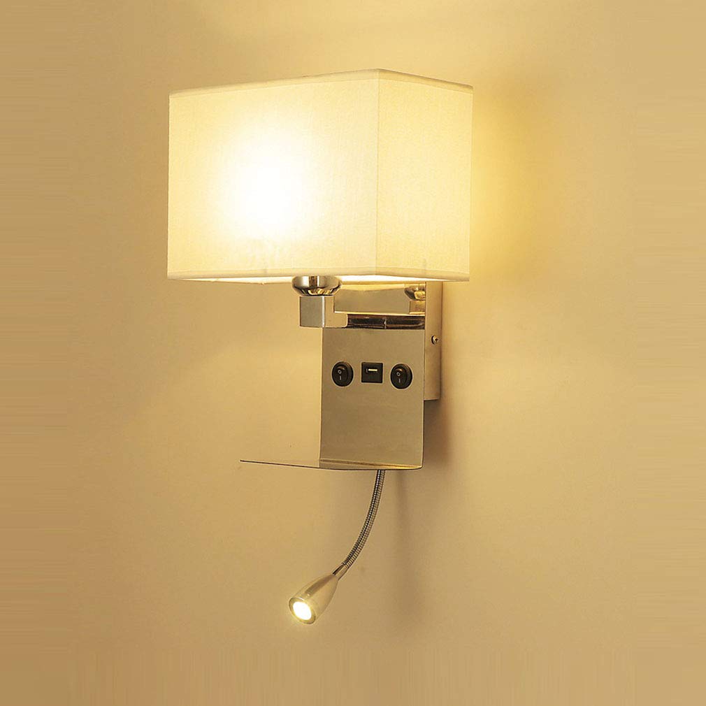 Nowoczesna lampa ścienna z portem USB i 3 W LED regulowana ciepła biała lampa do czytania, oświetlenie materiałowe, gniazdo E27, przy łóżku, 2 przełączniki, stylowa do sypialni (biała)
