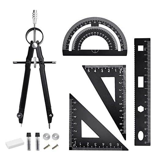 YAANBUNB Set de Geometría, 1 Compas de Dibujo + 2 Escuadra Triangular(45°y60°)+ 1 Reglas Escolares 15 cm + 1 Transportador de Angulos 180°+ 1 Borrador+ 1 Recargas de Lápiz para Escuela y Oficina