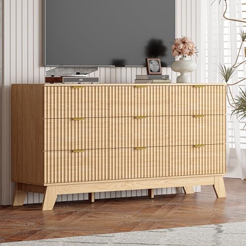 Image of Oak Dresser 9 Drawer Dresser for Bedroom, 57''Wide Fluted Wooden Dresser Storage Cabinet and Chest of Drawers with Metal Handle, Storage Organizer for Living Room, Hallway, Entryway