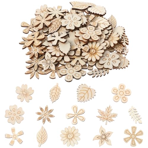 PEOVLVN 100 peças de artesanato em madeira inacabada, flores de madeira em branco com padrão de folhas, peças de recortes de madeira feitas à mão para pintar materiais de artesanato para o
