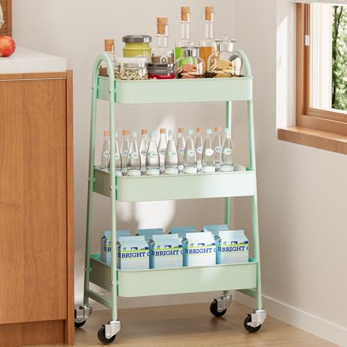 Image of OLIXIS 3 Tier Utility Rolling Cart with Lockable Caster Wheels, Metal Mobile Storage Shelf, Organization for Livingroom, Bathroom & Narrow Places, Pale Green