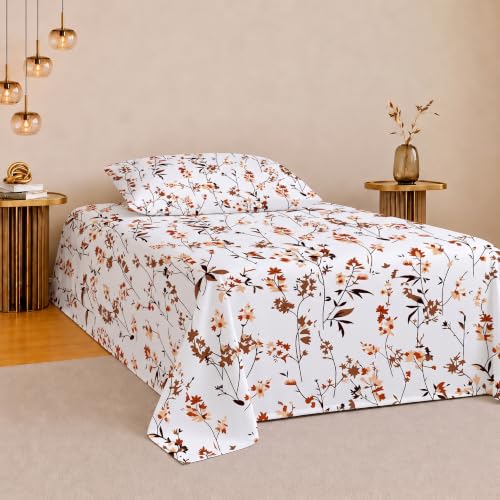 Image of IVAZA 260 TC Soft Ezyption Cotton Floral Single Bed Sheet - Single bedsheet with 1 Pillow Cover Hypoallergenic, Brethable, (Size- 90 x 60 Inch Rust Orange