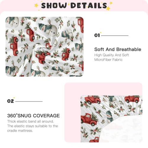 Image of Baby Crib Sheet Cute Christmas Snowman Red Truck Holly Crib Mattress for Boys and Girls Playard Sheet Soft Breathable Fitted Baby Mattress Cover 52x28in