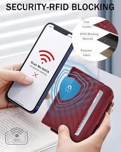 Image of Small Bifold Wallets Woman RFID Mini Wallet for Women Slim Card Holder with Zipper Coin Pocket & 2 ID Windows (Burgundy)