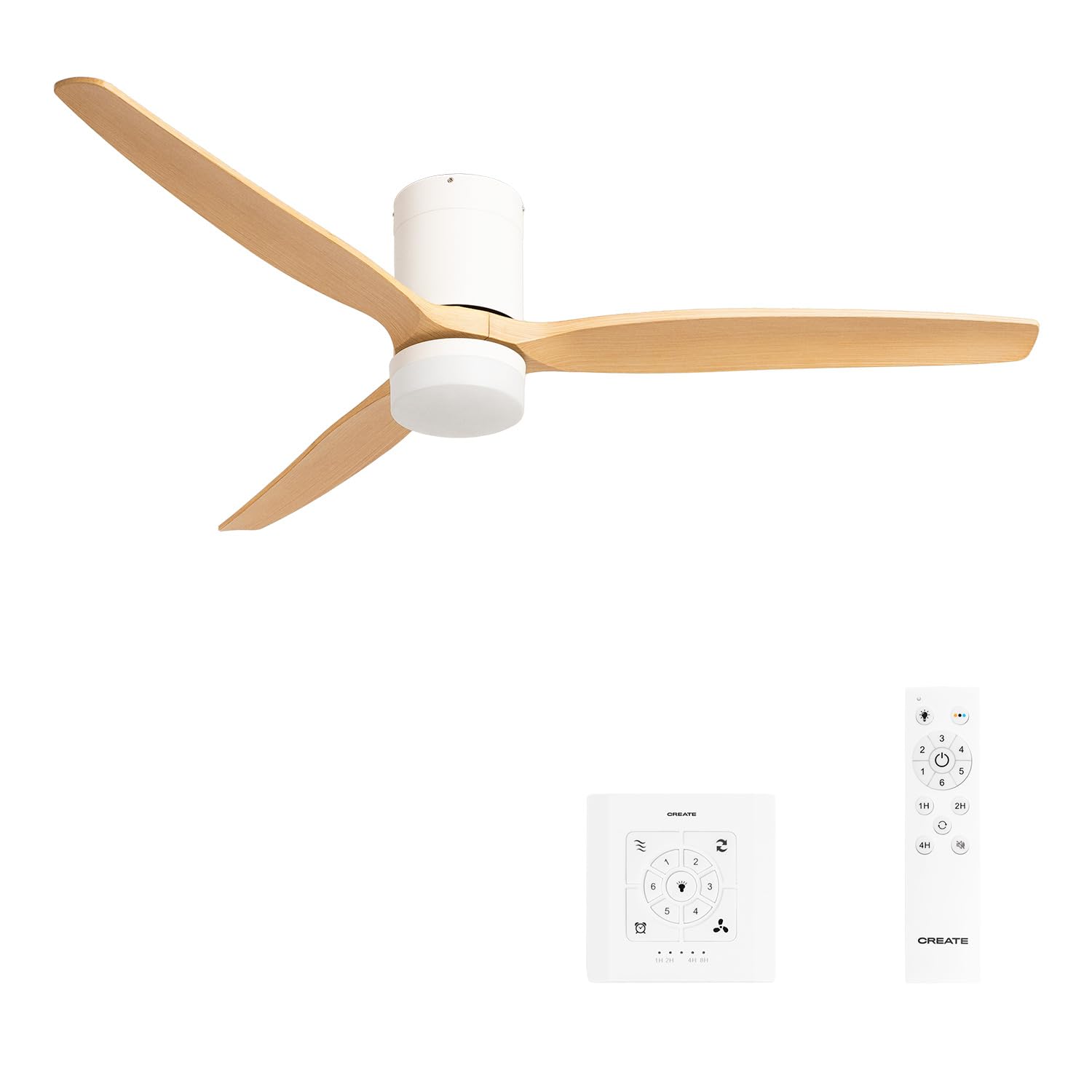 CREATE / WINDCALM L/Ventilateur plafond ABS blanc pales bois clair contrôleur et télécommande / Ø152 cm, 3 températures, fonction été-hiver