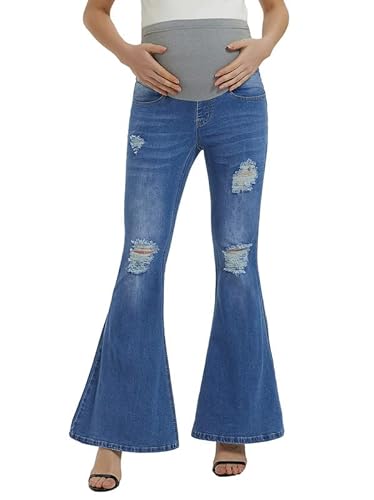 Exarus Maternity Jeans Over The Belly Flare With Pockets Pregnancy Bell Bottoms Ripped Denim Pants Casual Light Blue 29" Medium #TOP2