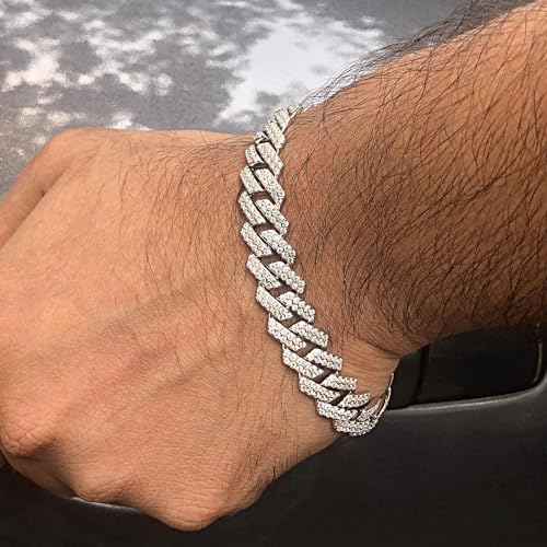 Men's Cuban Chain Bracelet Round Lab Created Moissanite Link Chain Bracelet in 14k Gold Plated Sterling Silver Jewery Gift For Him (12MM Width, 7.00 Ct To 9.00 Ct)3